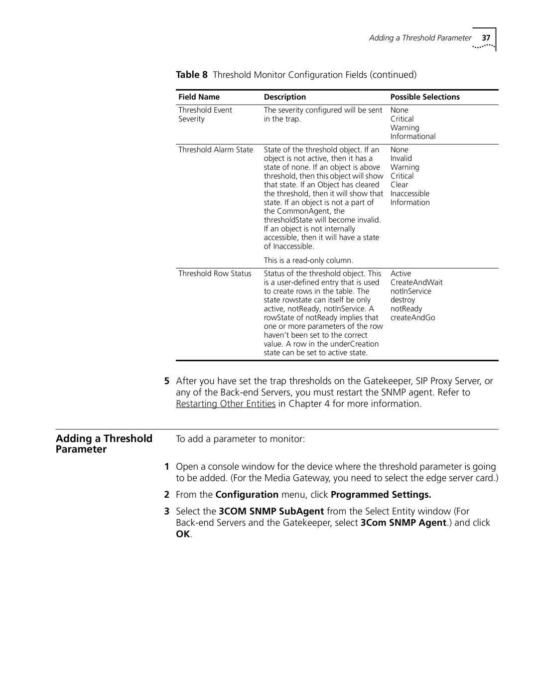 3Com 5210 manual Parameter, Field Name Description Possible Selections 