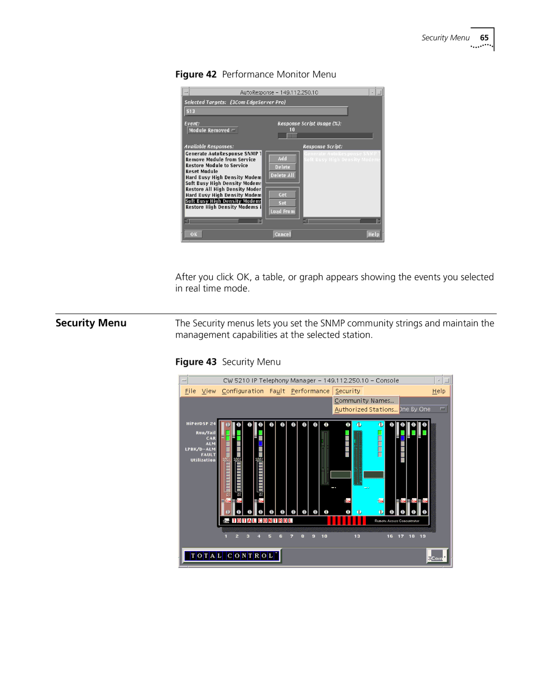 3Com 5210 manual Security Menu, Real time mode, Management capabilities at the selected station 