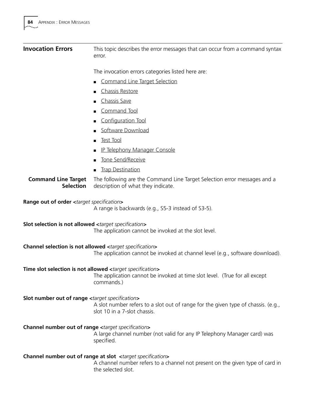 3Com 5210 Invocation Errors, Invocation errors categories listed here are, Range is backwards e.g., S5-3 instead of S3-5 