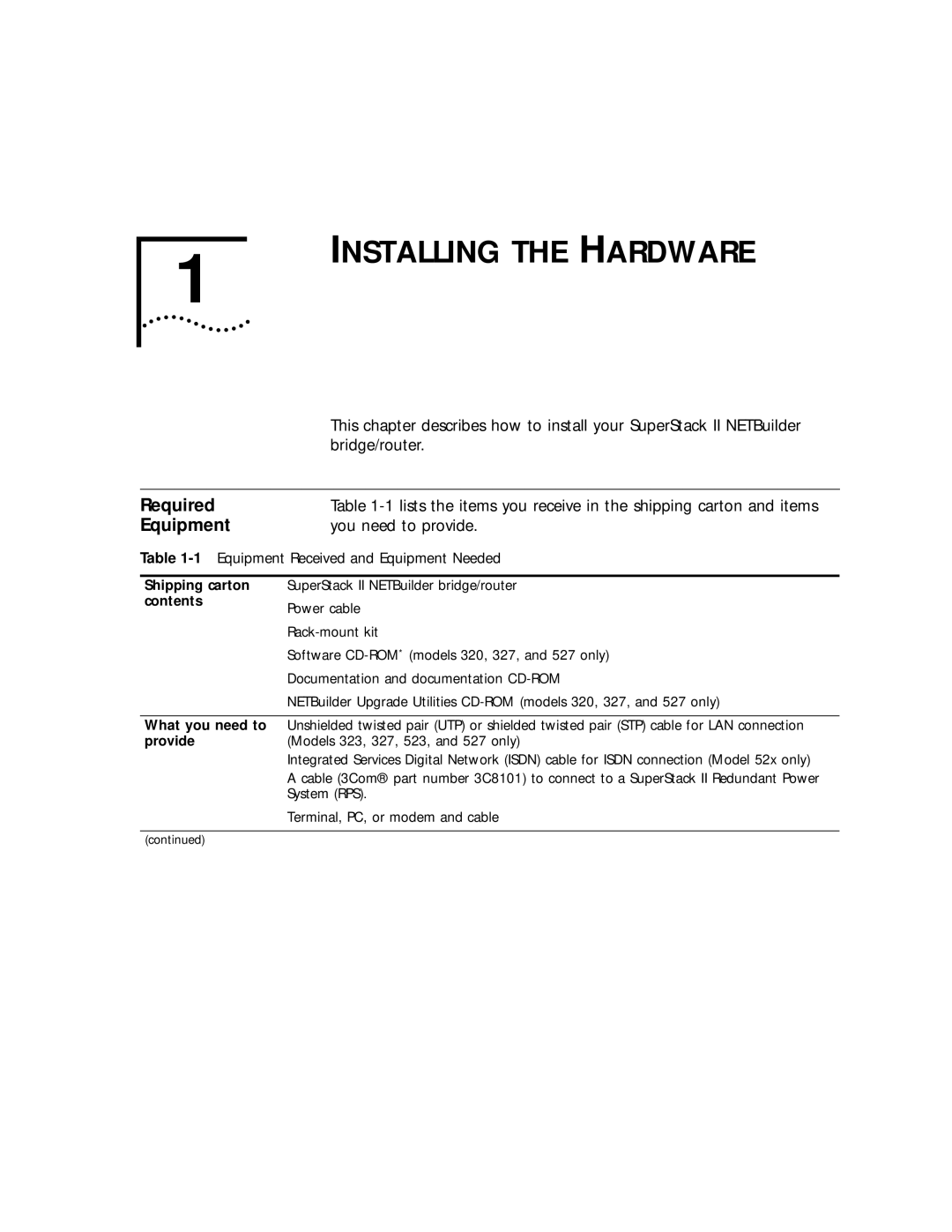 3Com 32x, 52x manual Installing the Hardware, Required, 1Equipment Received and Equipment Needed 