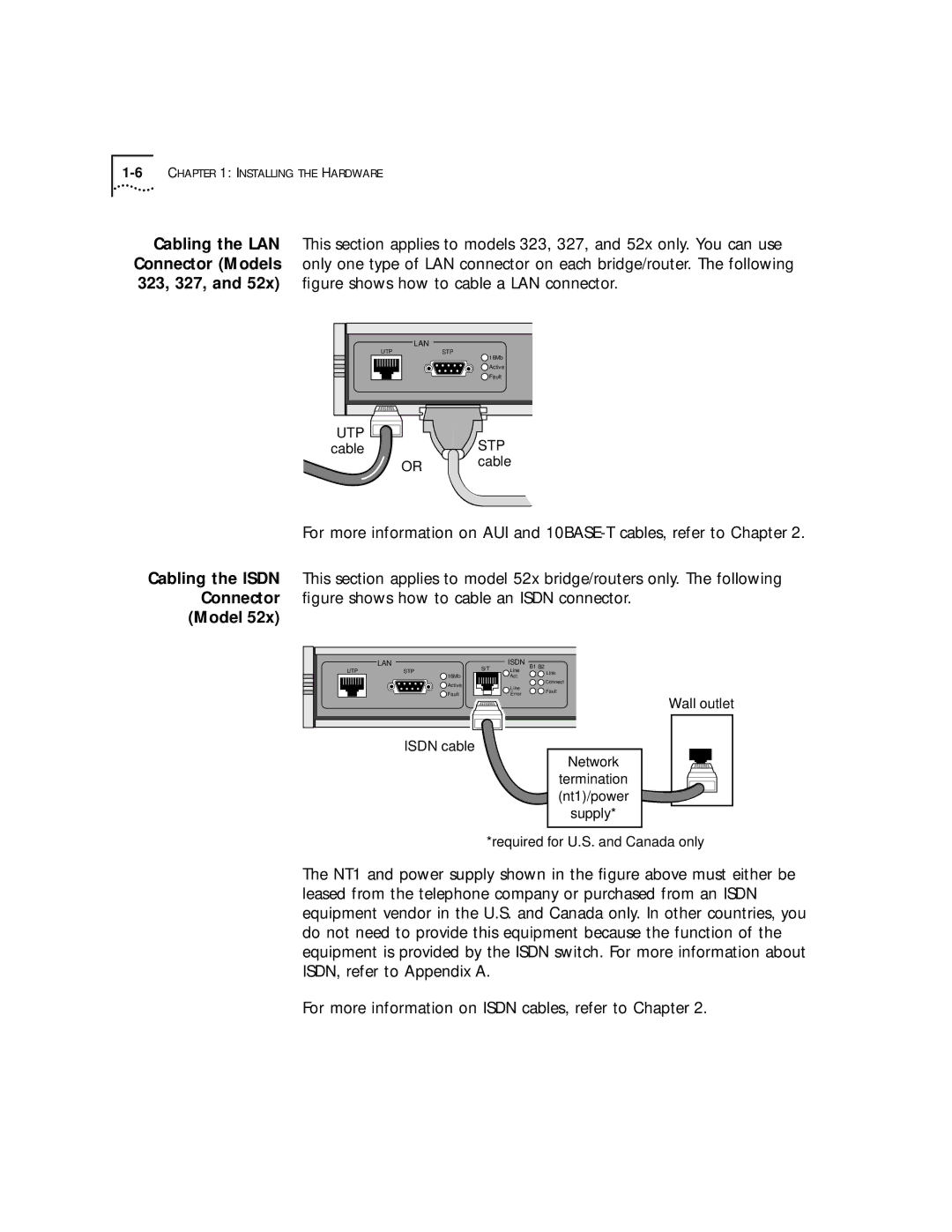 3Com 52x, 32x manual Cabling the LAN Connector Models 323, 327, Cabling the Isdn Connector Model 