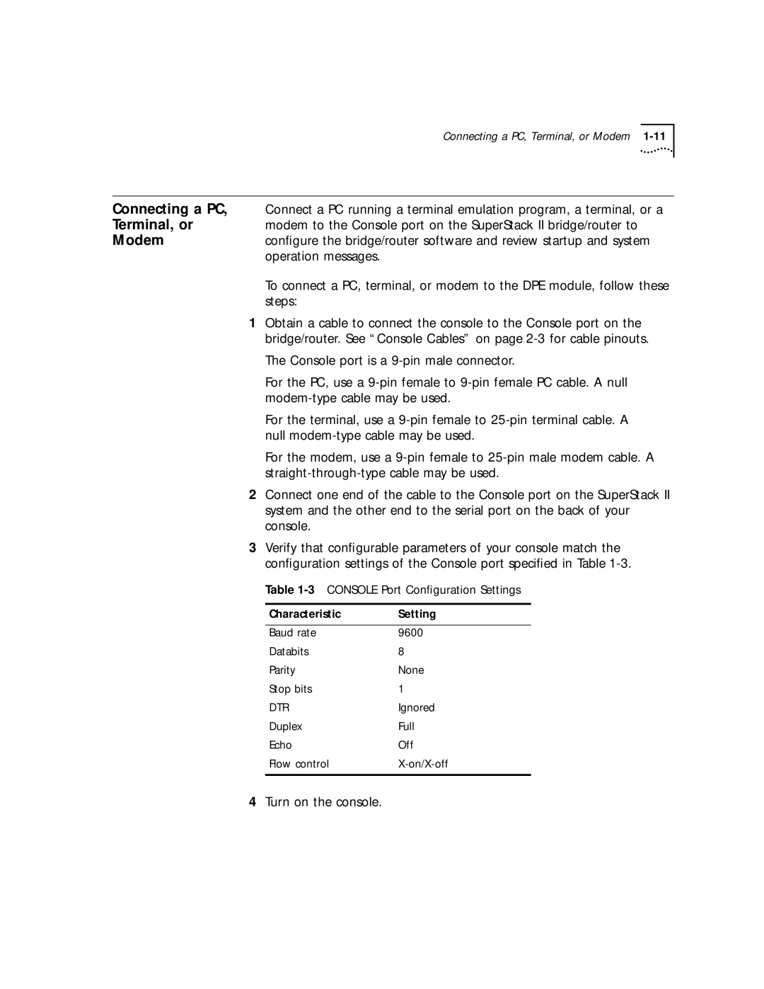 3Com 32x, 52x manual Connecting a PC, Terminal, or, Modem, Characteristic Setting 