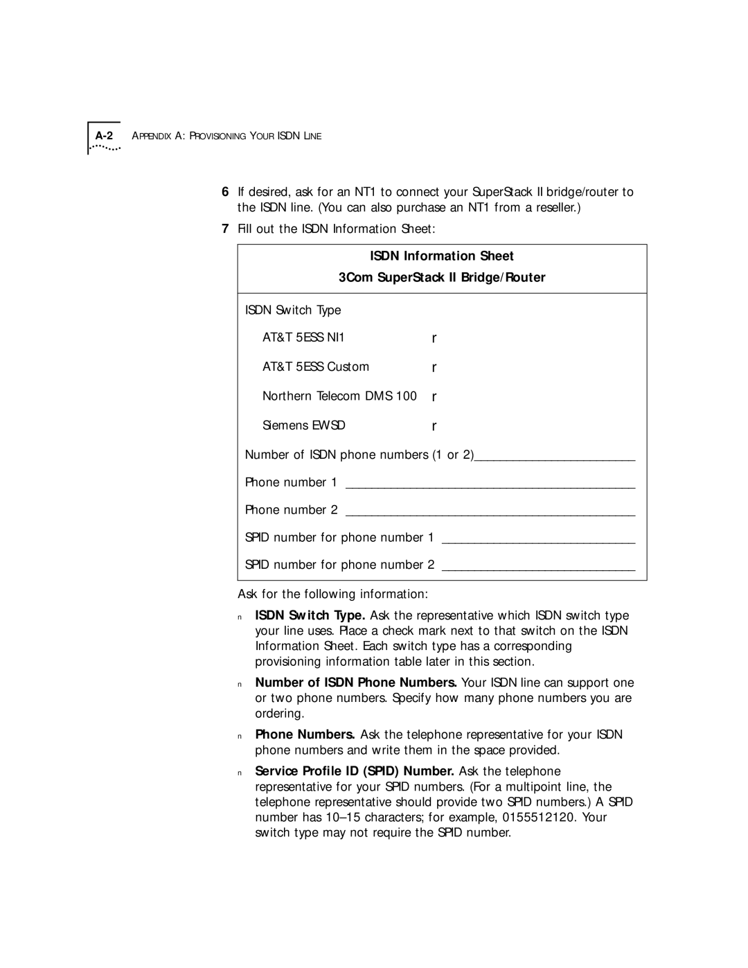 3Com 52x, 32x manual Isdn Information Sheet 3Com SuperStack II Bridge/Router, AT&T 5ESS NI1 