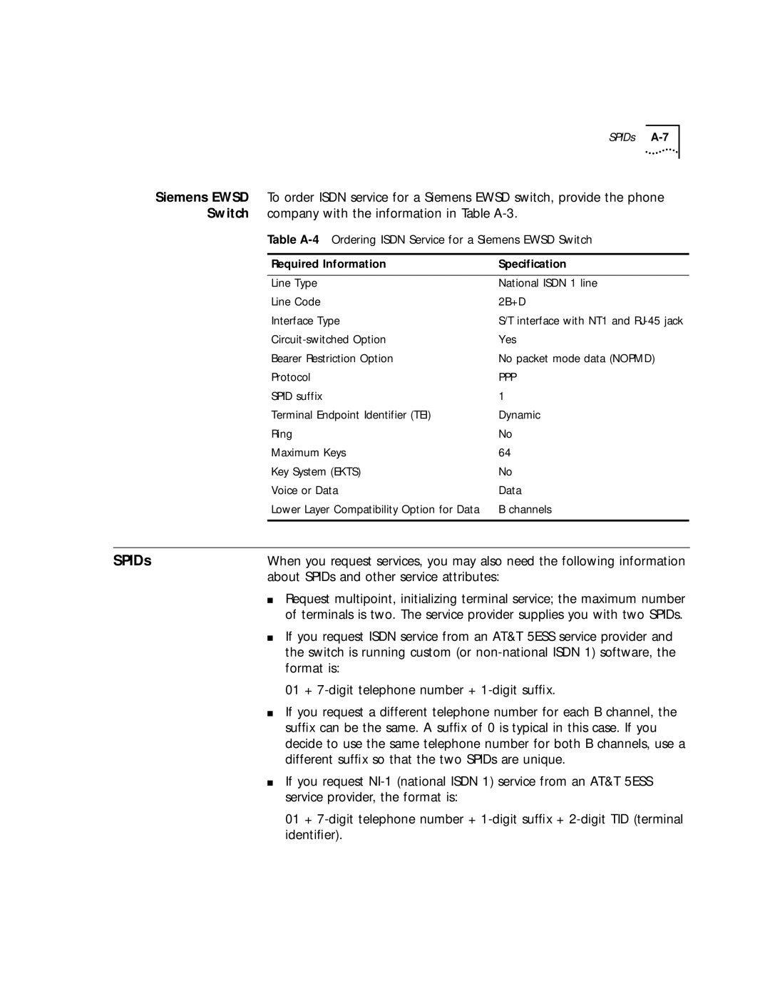 3Com 32x, 52x manual SPIDs, Table A-4Ordering Isdn Service for a Siemens Ewsd Switch 