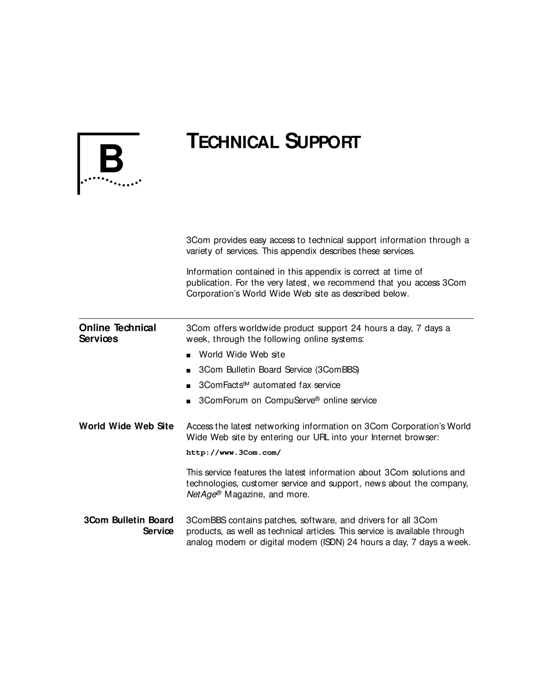 3Com 32x, 52x manual Technical Support, Online Technical, 3Com Bulletin Board, Service 