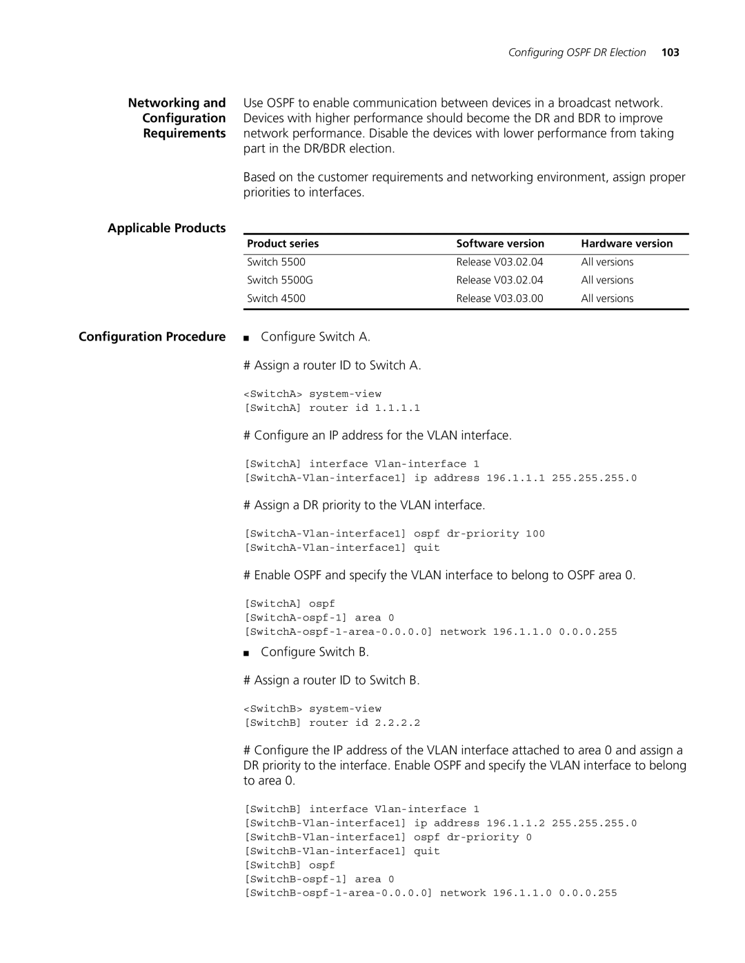 3Com 4200G, 5500G, 4210 manual # Assign a router ID to Switch a, # Configure an IP address for the Vlan interface 