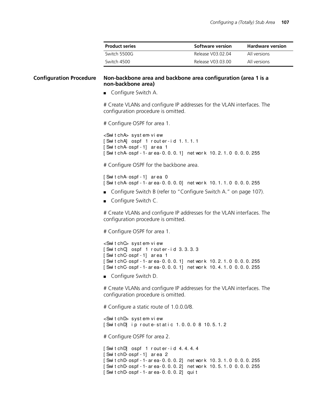 3Com 4200G, 5500G, 4210 manual # Configure Ospf for the backbone area, # Configure Ospf for area 