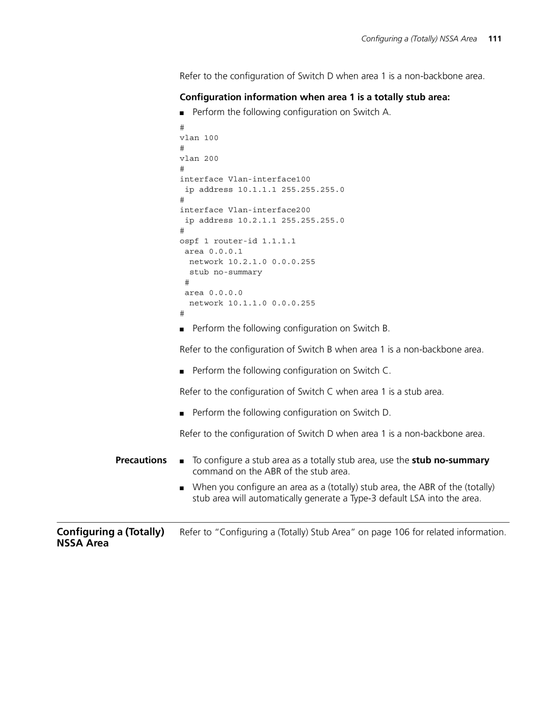 3Com 4200G, 5500G, 4210 manual Nssa Area, Configuration information when area 1 is a totally stub area 