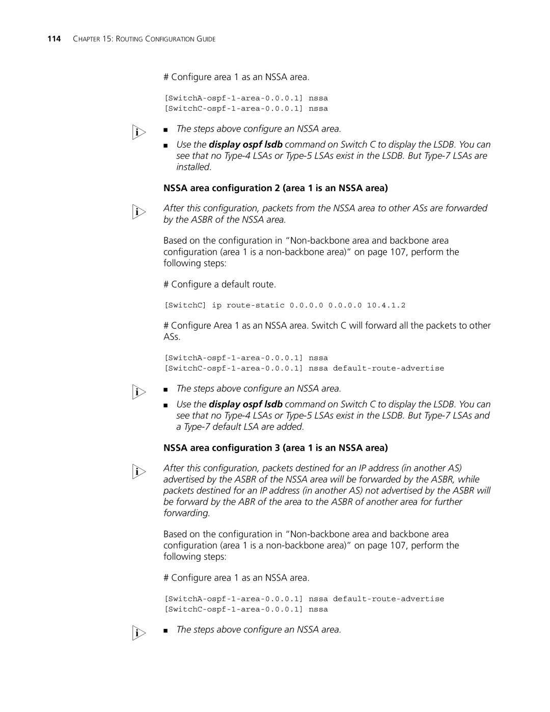 3Com 4210, 5500G, 4200G manual # Configure area 1 as an Nssa area, Nssa area configuration 2 area 1 is an Nssa area 