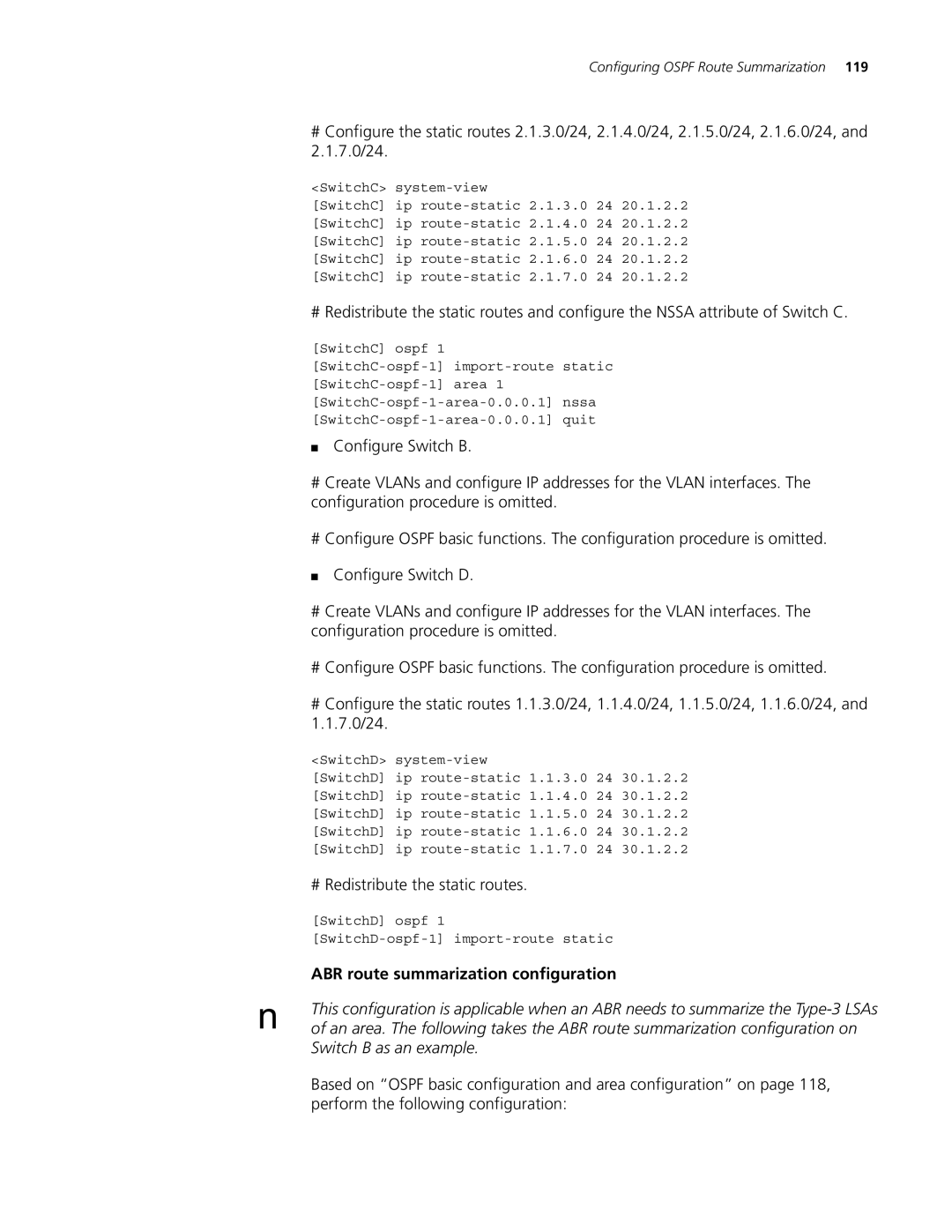 3Com 4200G, 5500G, 4210 manual # Redistribute the static routes, ABR route summarization configuration 