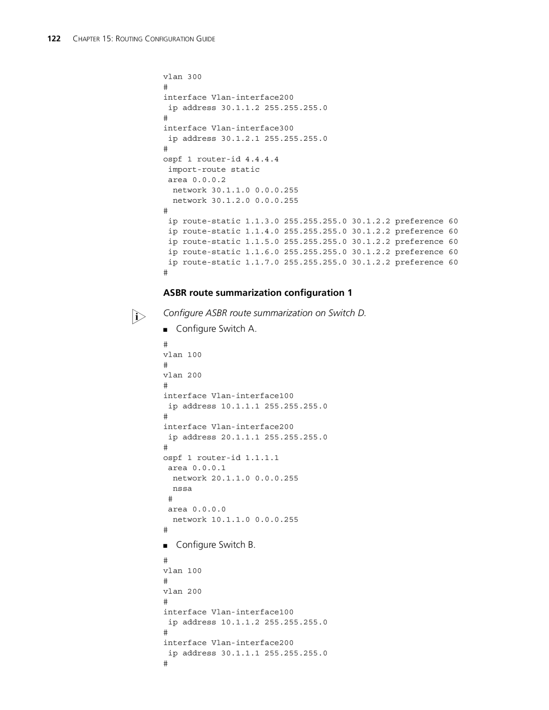 3Com 4210, 5500G, 4200G manual Configure Asbr route summarization on Switch D 