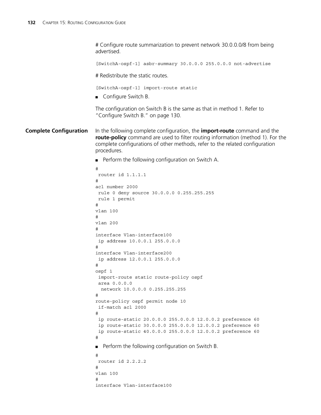 3Com 5500G, 4210, 4200G manual SwitchA-ospf-1 asbr-summary 30.0.0.0 255.0.0.0 not-advertise 