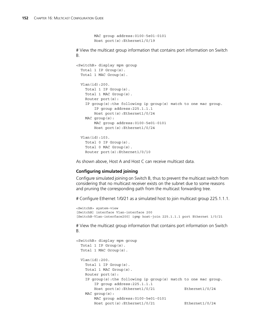 3Com 5500G, 4210, 4200G manual As shown above, Host a and Host C can receive multicast data, Configuring simulated joining 