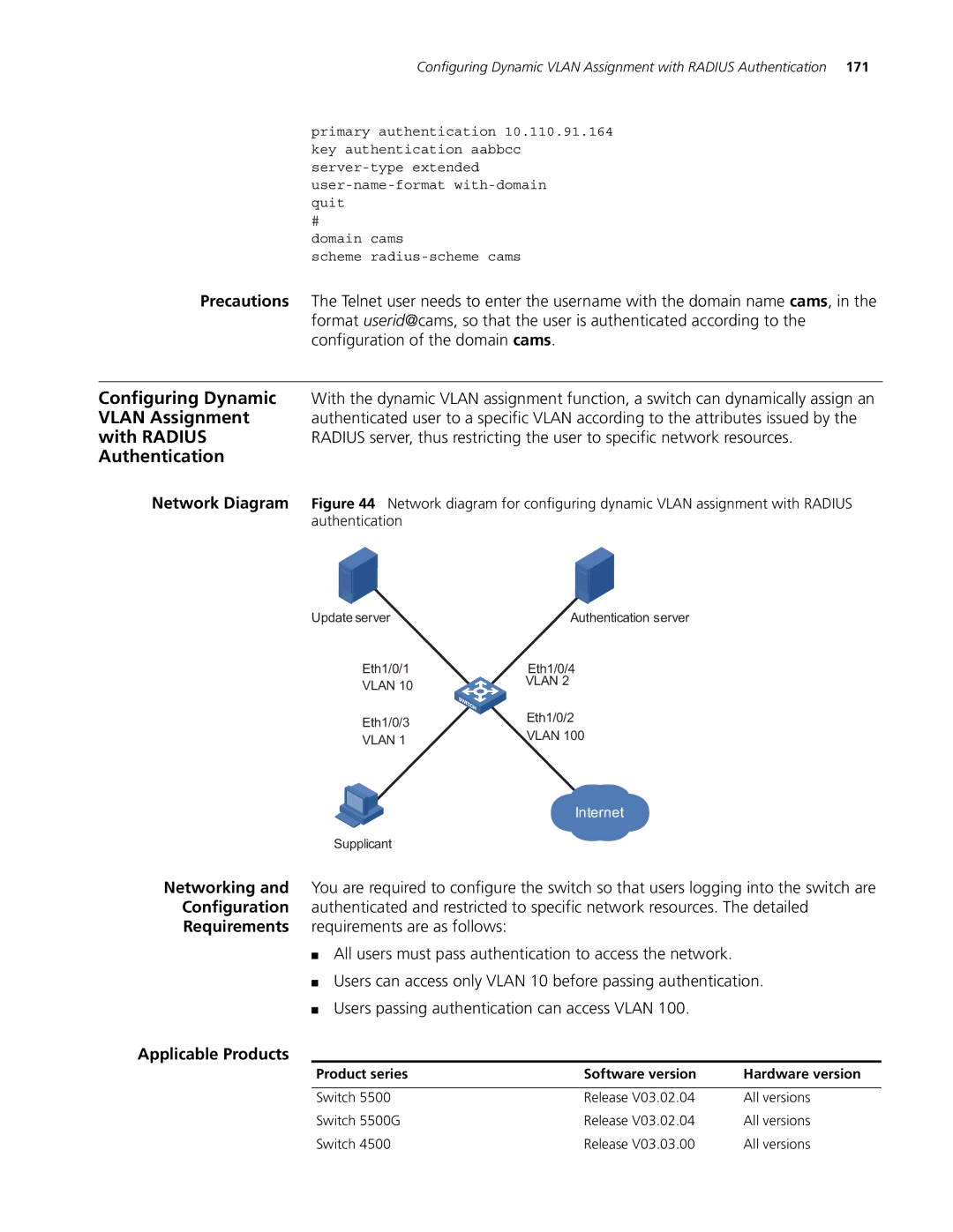 3Com 4200G, 5500G Configuring Dynamic, Vlan Assignment, With Radius, Authentication, Configuration of the domain cams 