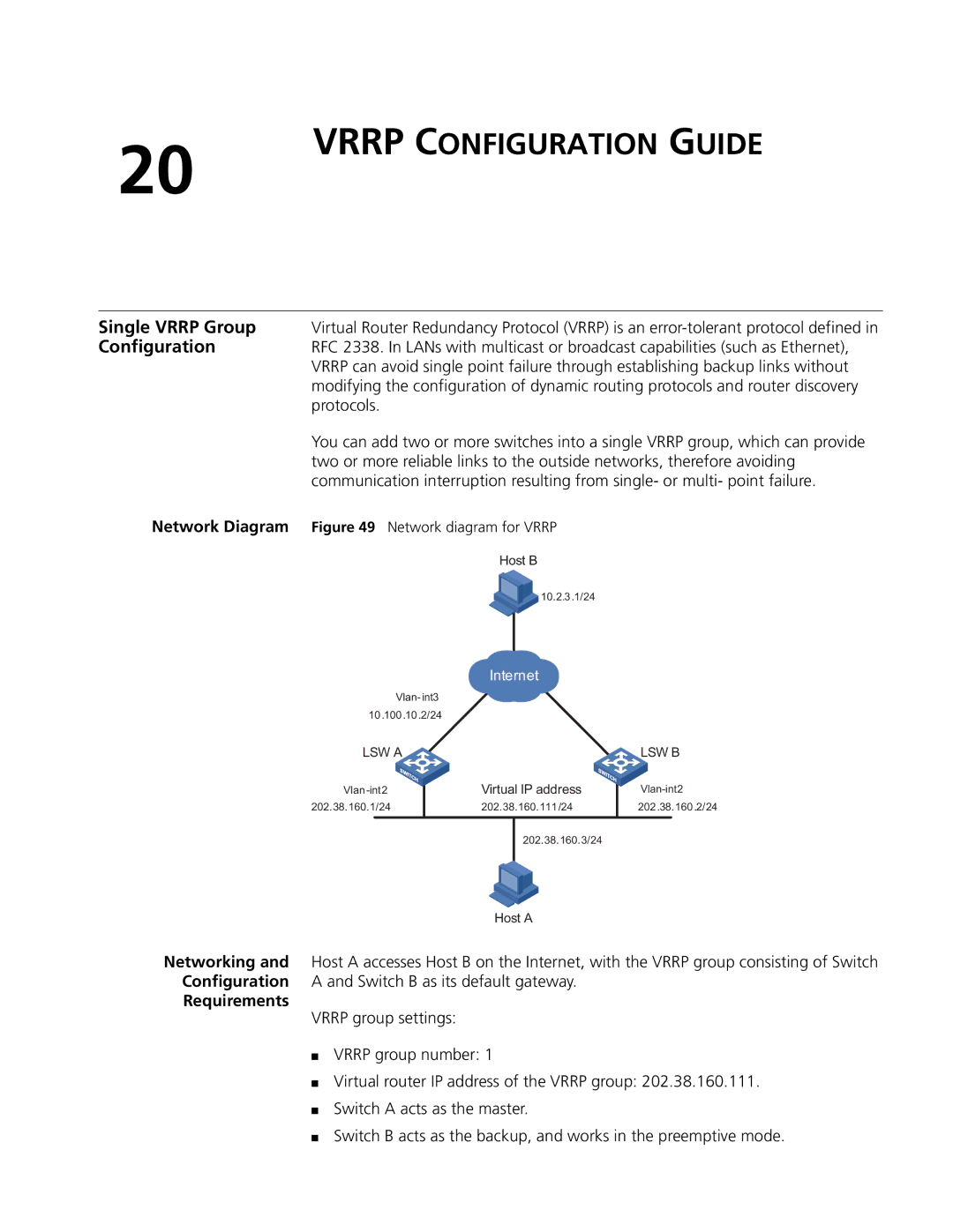 3Com 4200G, 5500G, 4210 manual Vrrp Configuration Guide, Lsw B 