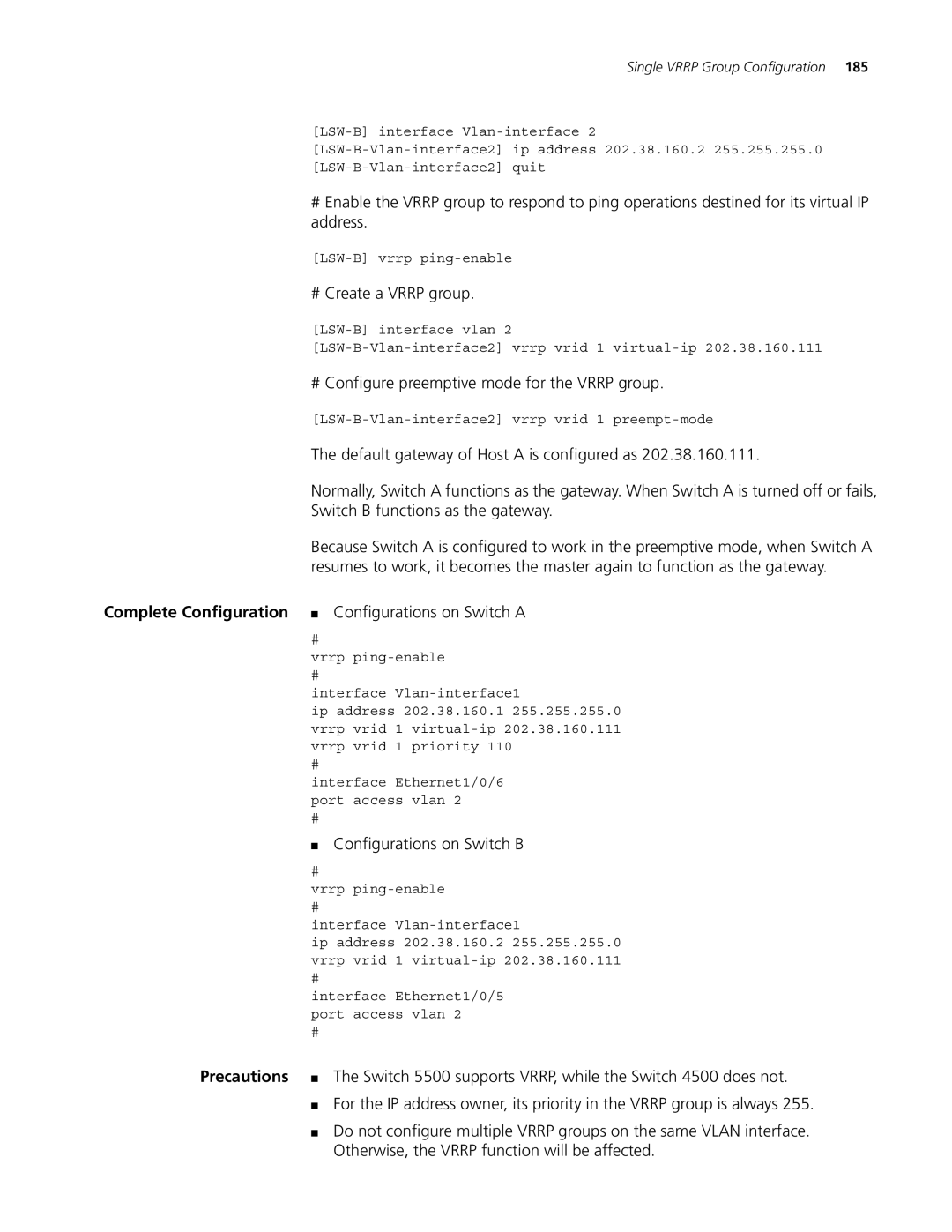 3Com 5500G, 4210, 4200G manual Configurations on Switch B 