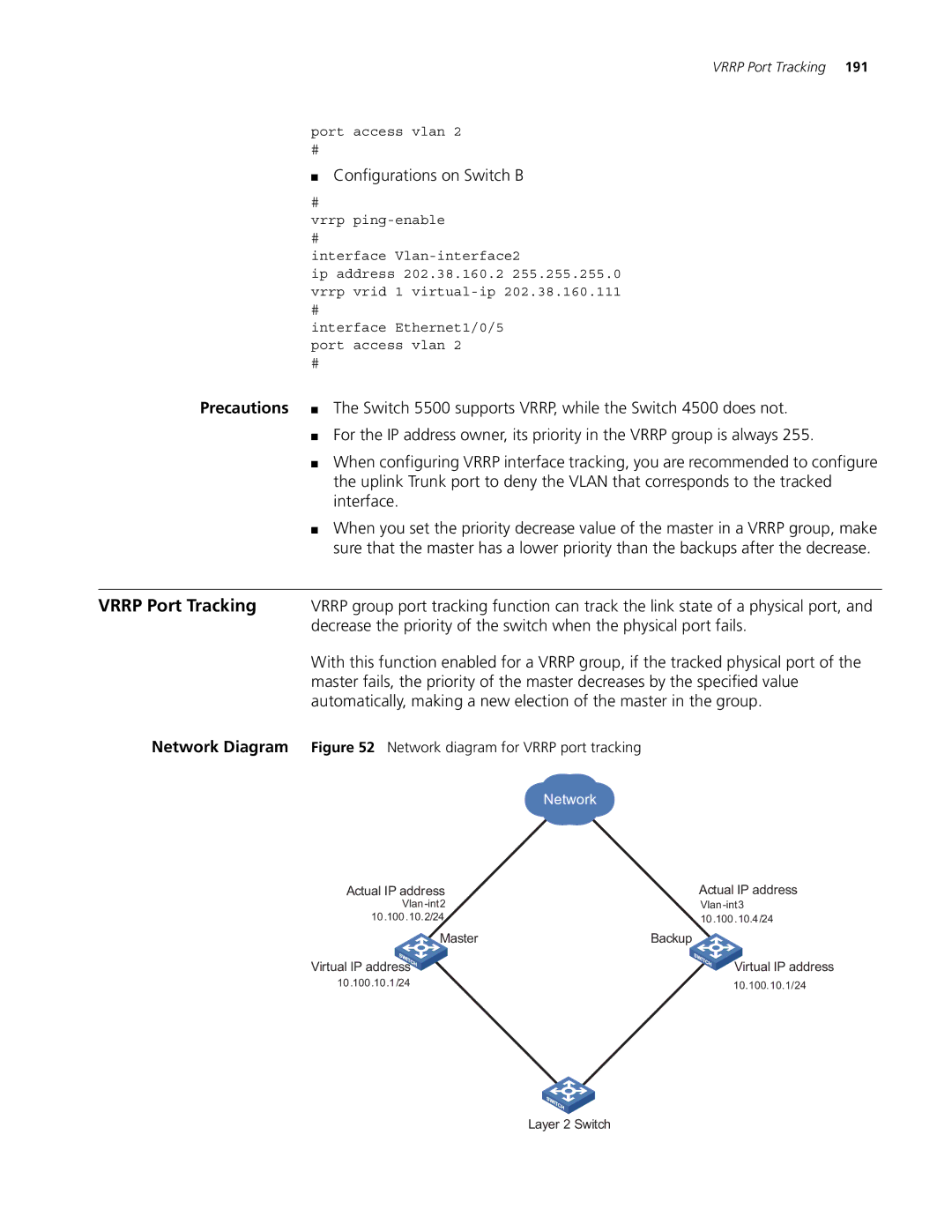 3Com 4200G, 5500G, 4210 manual Network Diagram Network diagram for Vrrp port tracking 