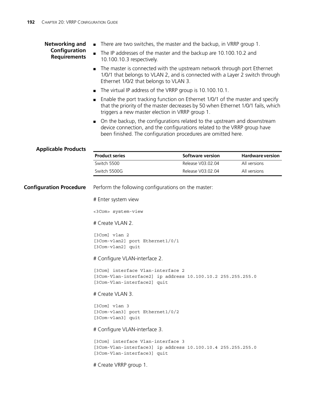 3Com 5500G, 4210, 4200G manual Networking Configuration Requirements, # Configure VLAN-interface 