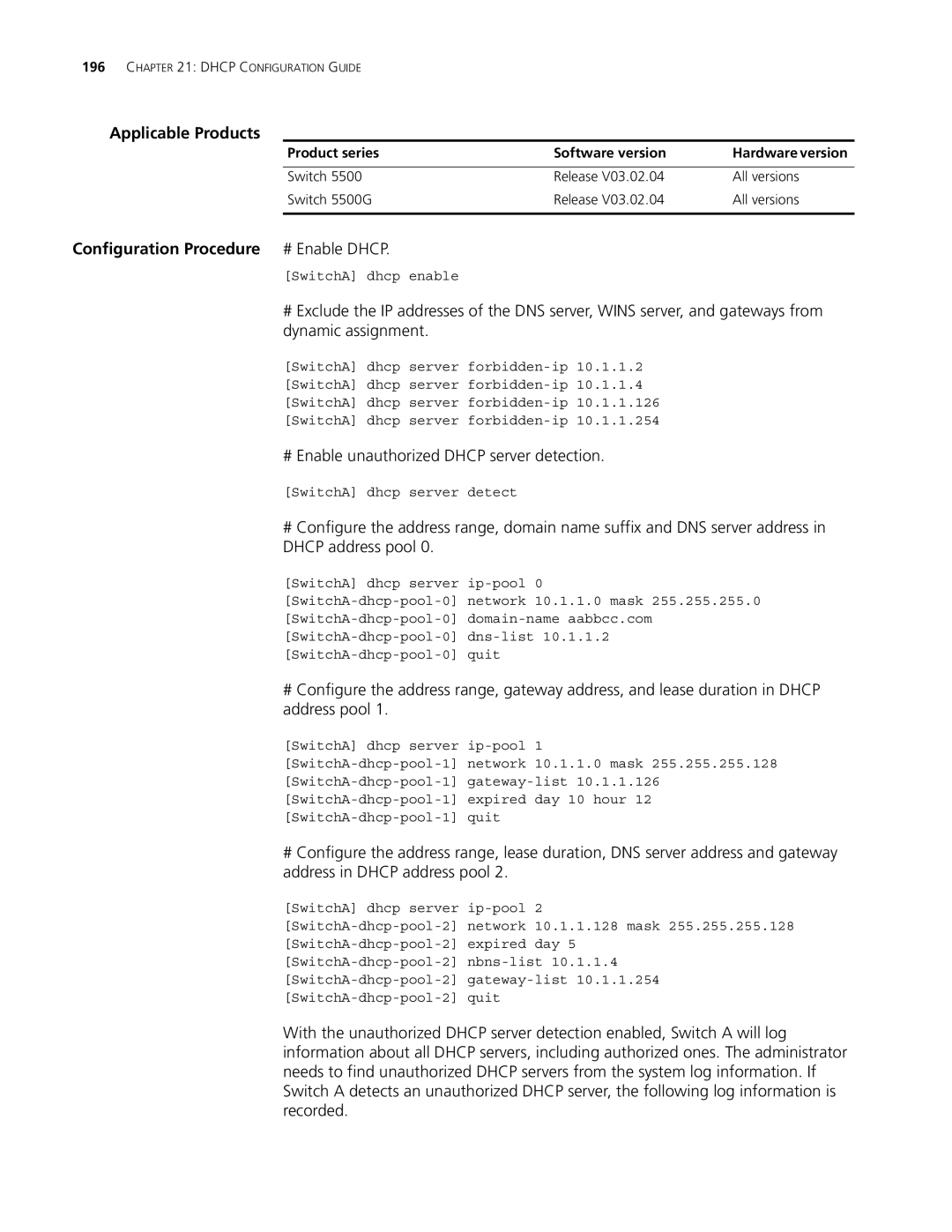 3Com 5500G, 4210, 4200G manual Configuration Procedure # Enable Dhcp, # Enable unauthorized Dhcp server detection 