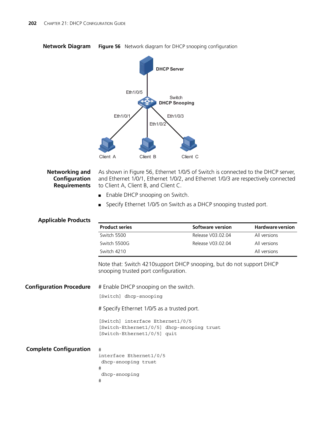 3Com 4210, 5500 Configuration Procedure # Enable Dhcp snooping on the switch, # Specify Ethernet 1/0/5 as a trusted port 