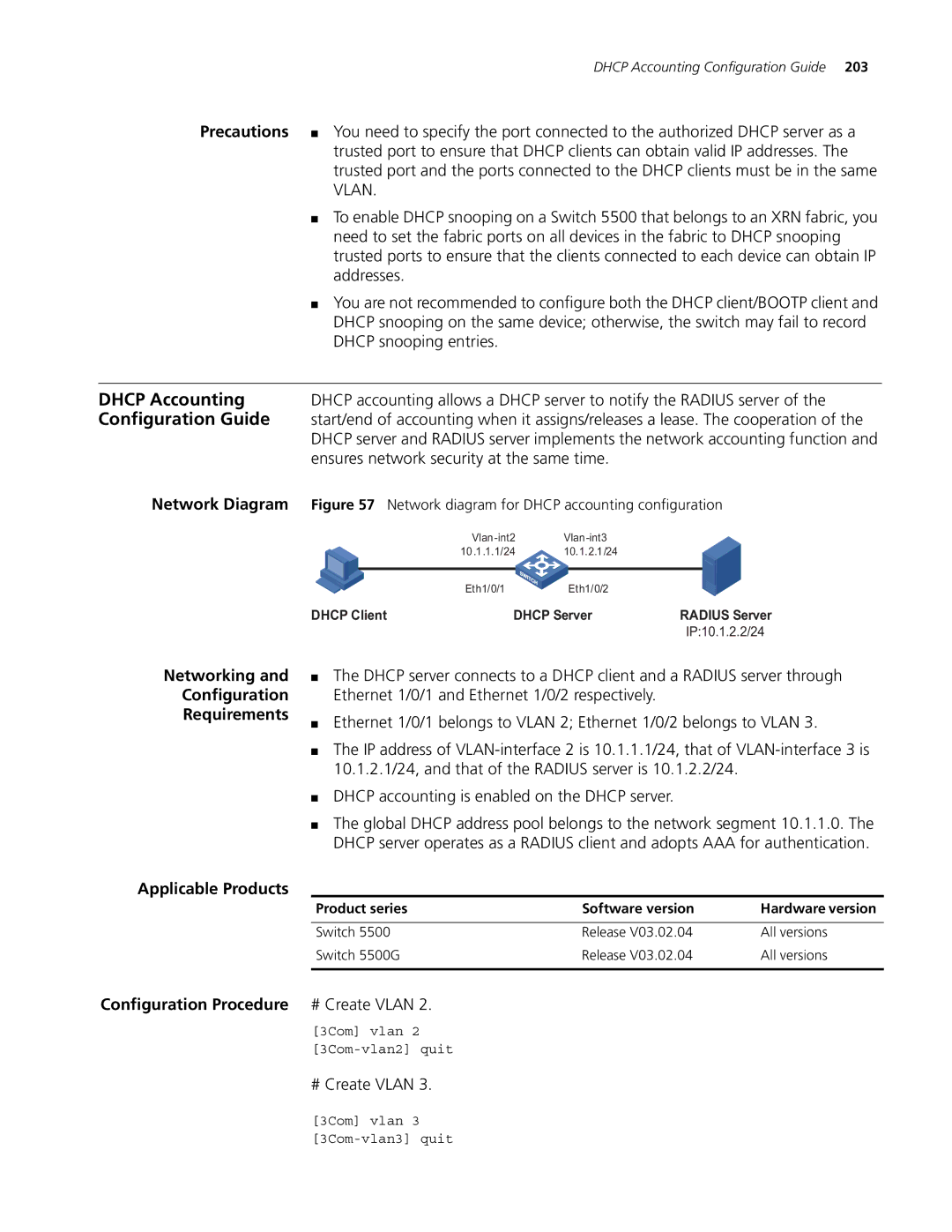 3Com 4200G, 5500G, 4210 manual Configuration Guide, Configuration Procedure # Create Vlan 