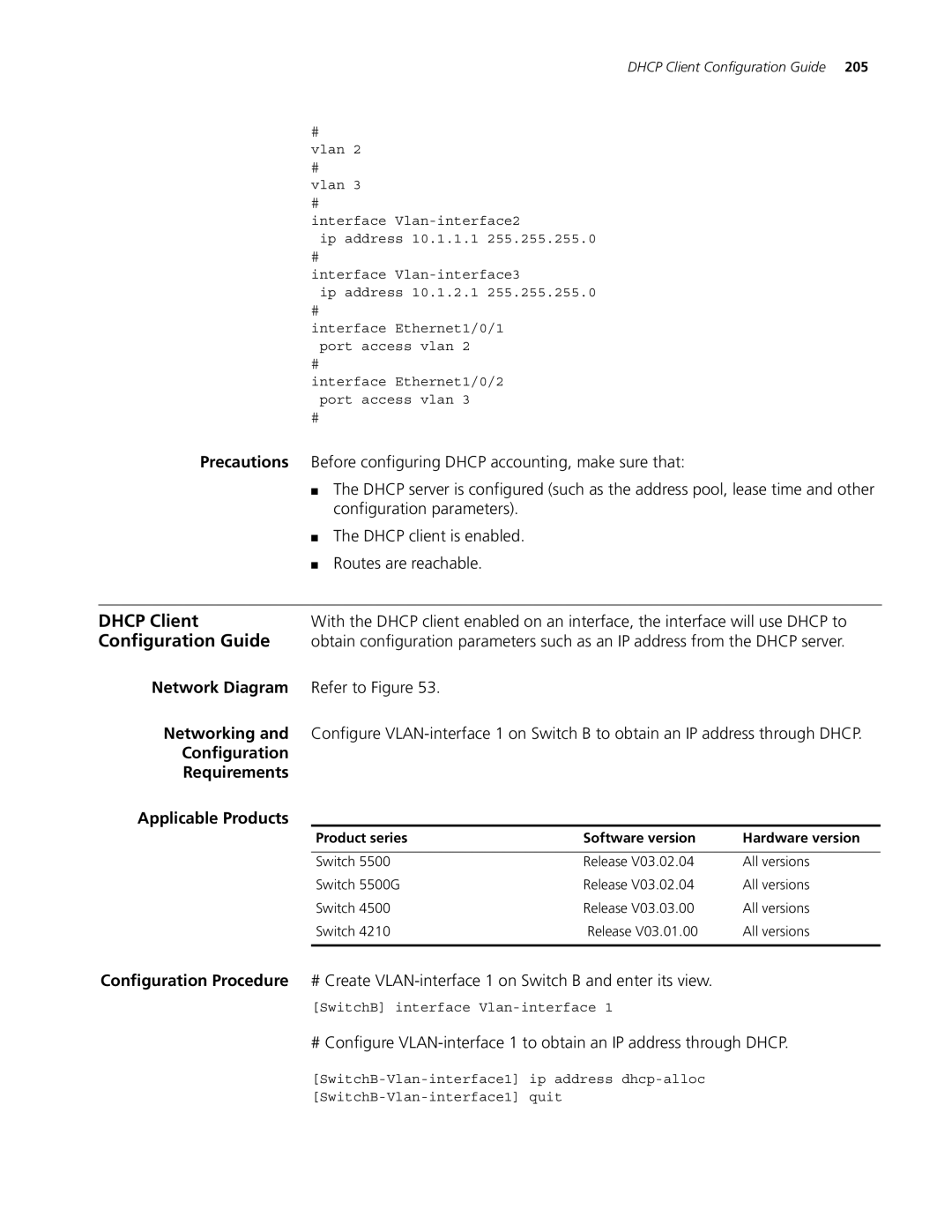 3Com 5500G, 4210, 4200G manual Dhcp Client, Configuration Requirements Applicable Products 