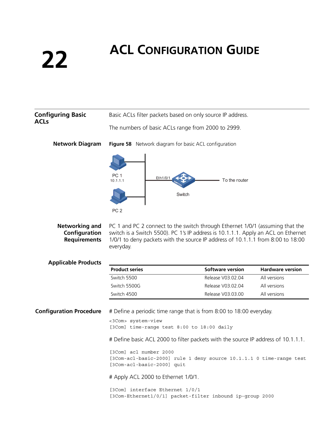 3Com 4200G, 5500G, 4210 manual ACL Configuration Guide, Configuring Basic, Numbers of basic ACLs range from 2000 to 