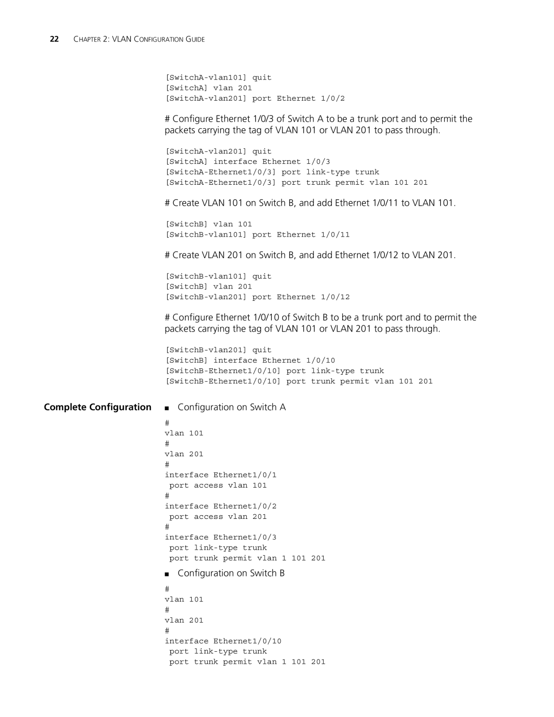 3Com 4210, 5500G, 4200G manual Complete Configuration Configuration on Switch a, Configuration on Switch B 