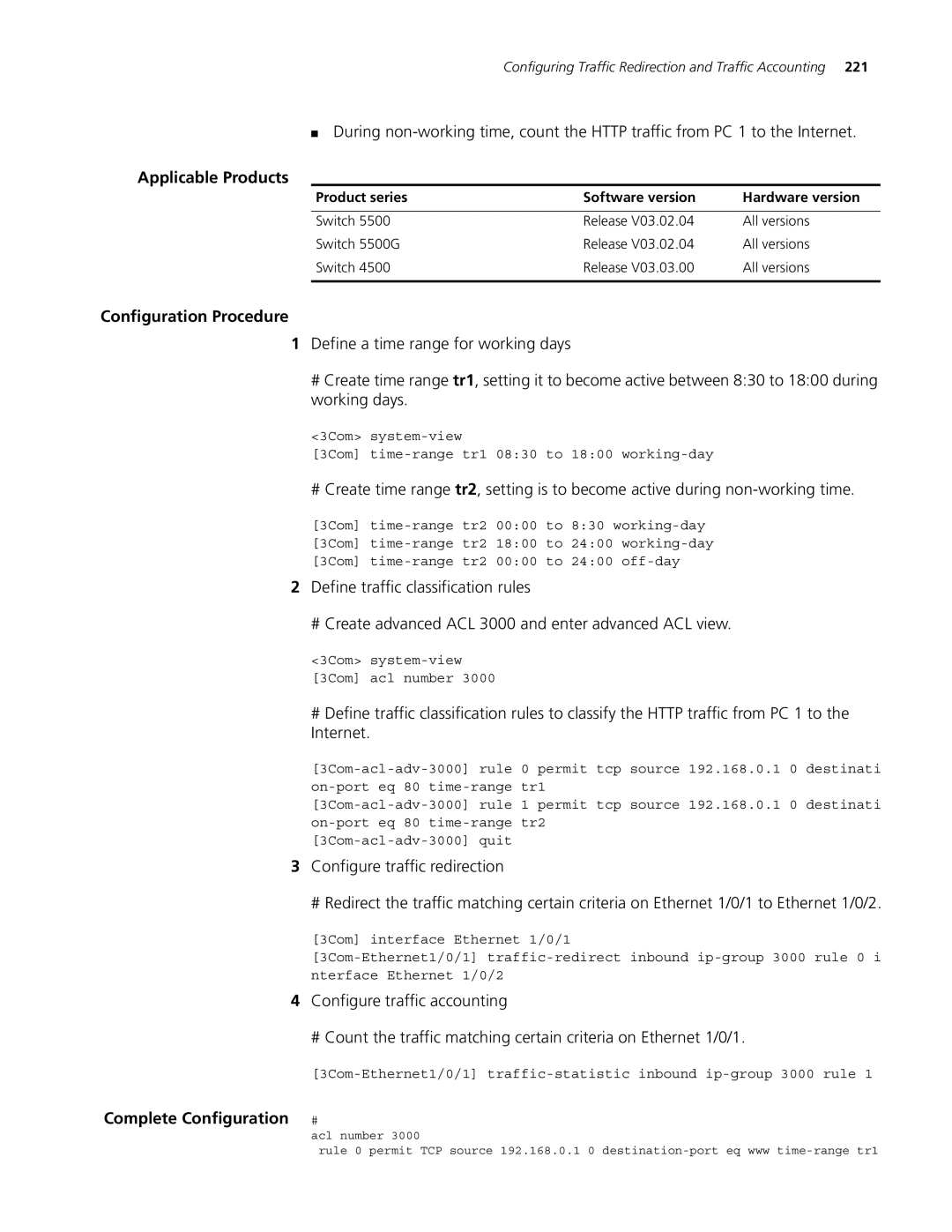 3Com 5500G, 4210, 4200G manual Configuring Traffic Redirection and Traffic Accounting 