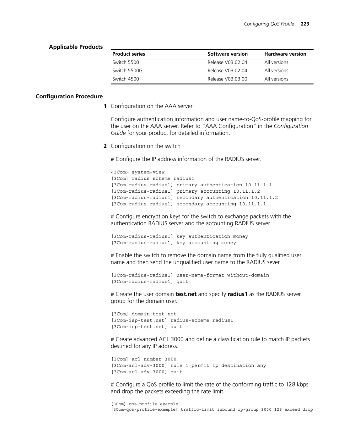 3Com 4200G, 5500G, 4210 manual Configuring QoS Profile 