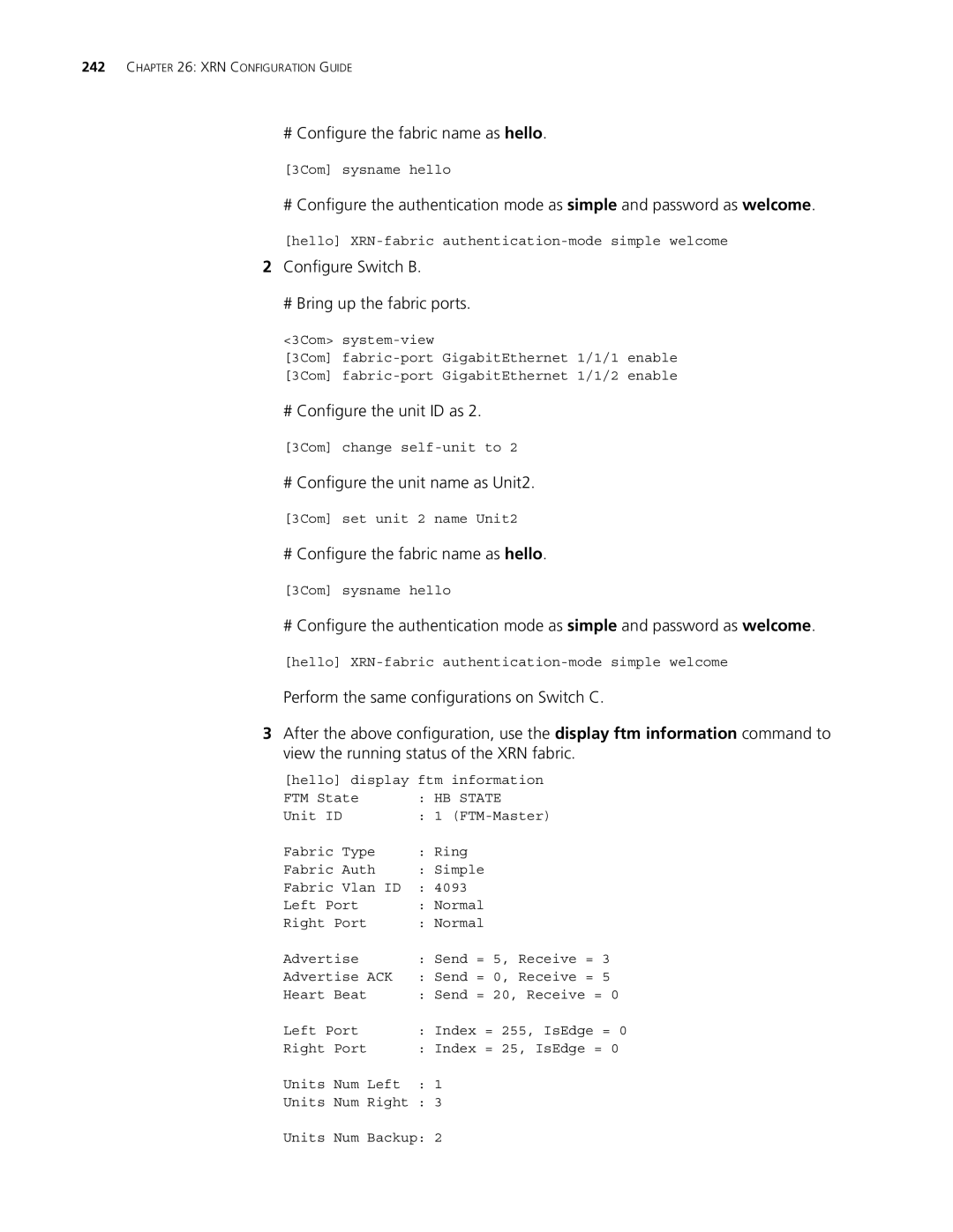 3Com 4210, 5500G, 4200G manual # Configure the fabric name as hello, Configure Switch B # Bring up the fabric ports 