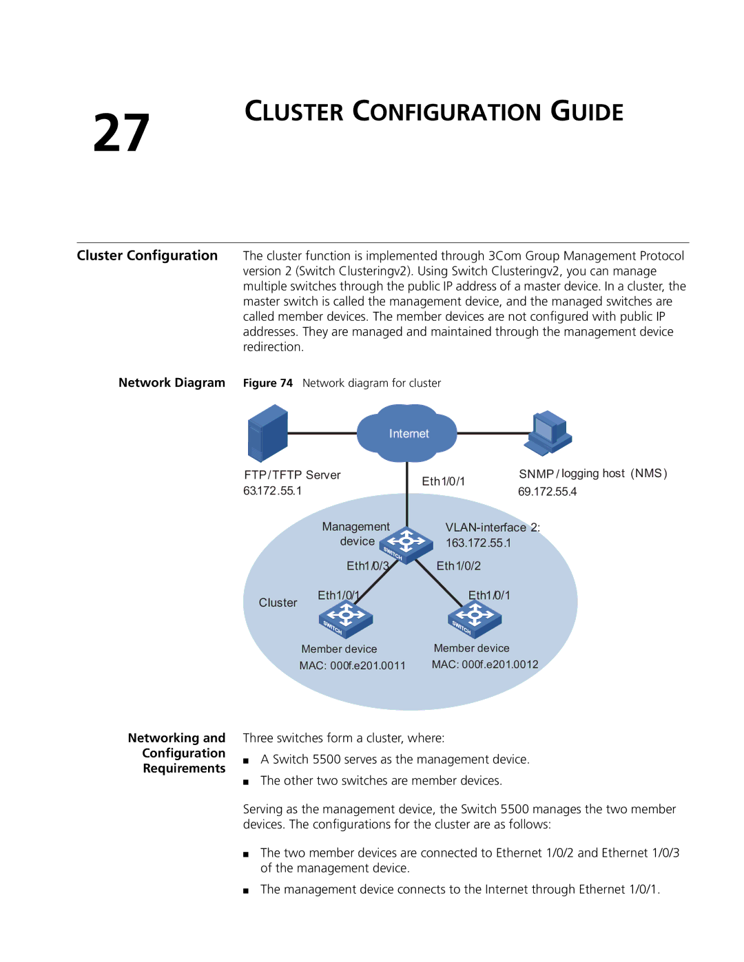 3Com 4200G, 5500G, 4210 manual Cluster Configuration Guide, Networking Configuration Requirements 