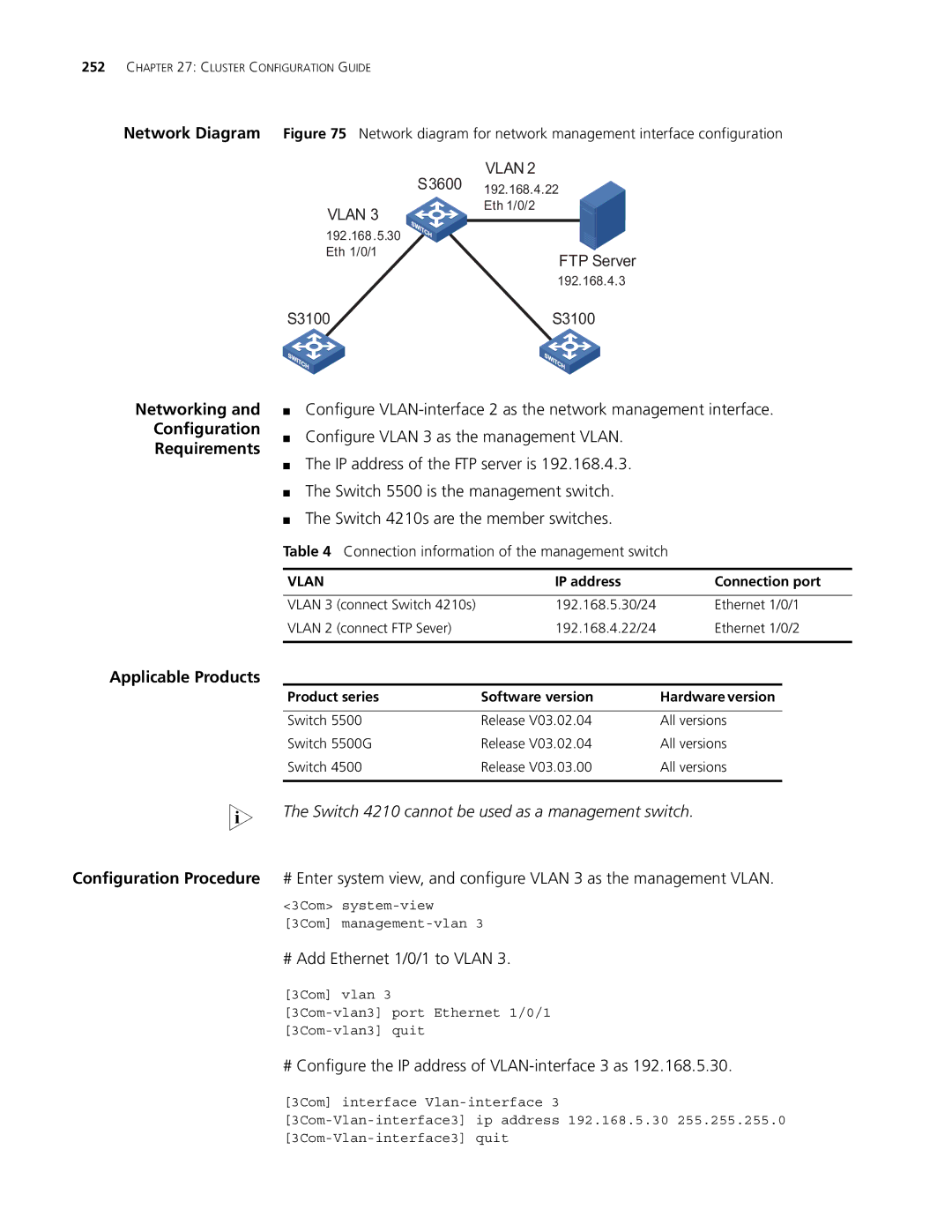 3Com 5500G, 4210 # Configure the IP address of VLAN-interface 3 as, Connection information of the management switch 