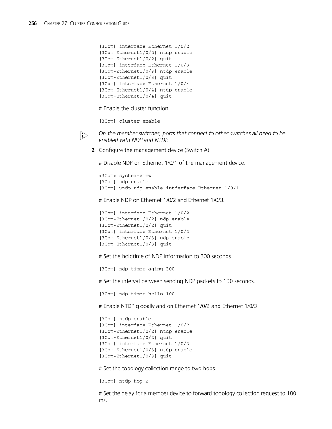 3Com 5500G, 4210, 4200G manual # Enable the cluster function, # Set the holdtime of NDP information to 300 seconds 