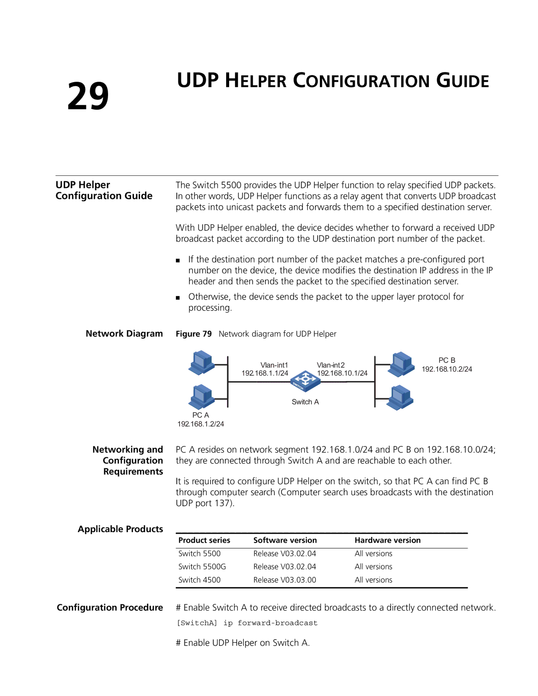 3Com 5500G, 4210, 4200G manual UDP Helper Configuration Guide, Processing, # Enable UDP Helper on Switch a 