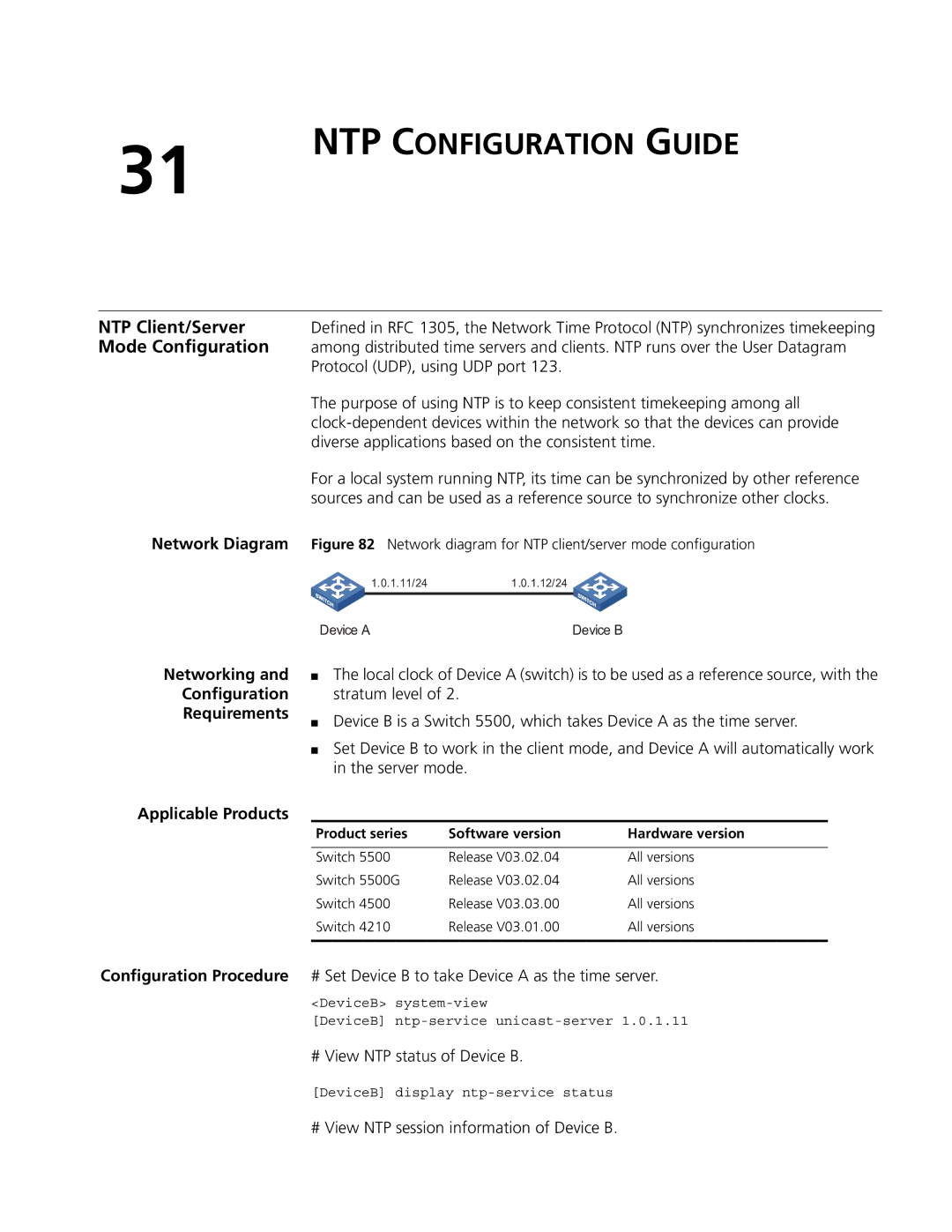 3Com 4200G, 5500G, 4210 manual NTP Configuration Guide, NTP Client/Server, Mode Configuration 