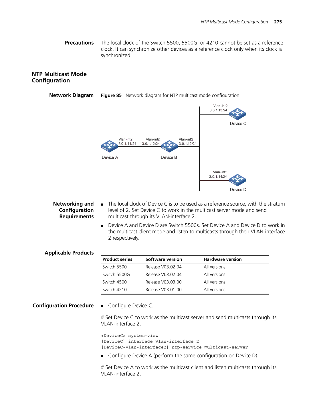 3Com 4200G, 5500G, 4210 manual NTP Multicast Mode Configuration, Multicast through its VLAN-interface, Respectively 