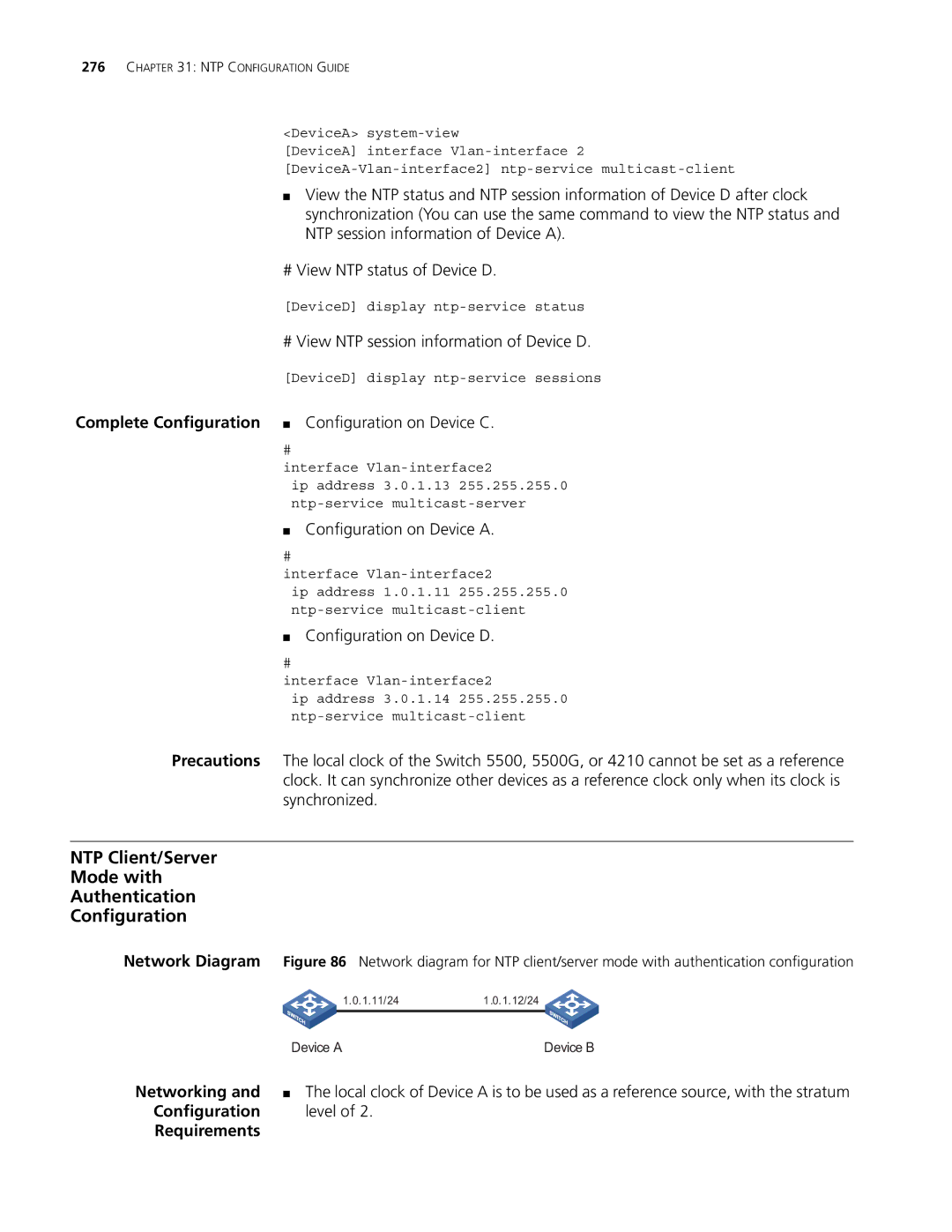 3Com 5500G, 4210, 4200G manual NTP Client/Server Mode with Authentication Configuration, Configuration Level Requirements 