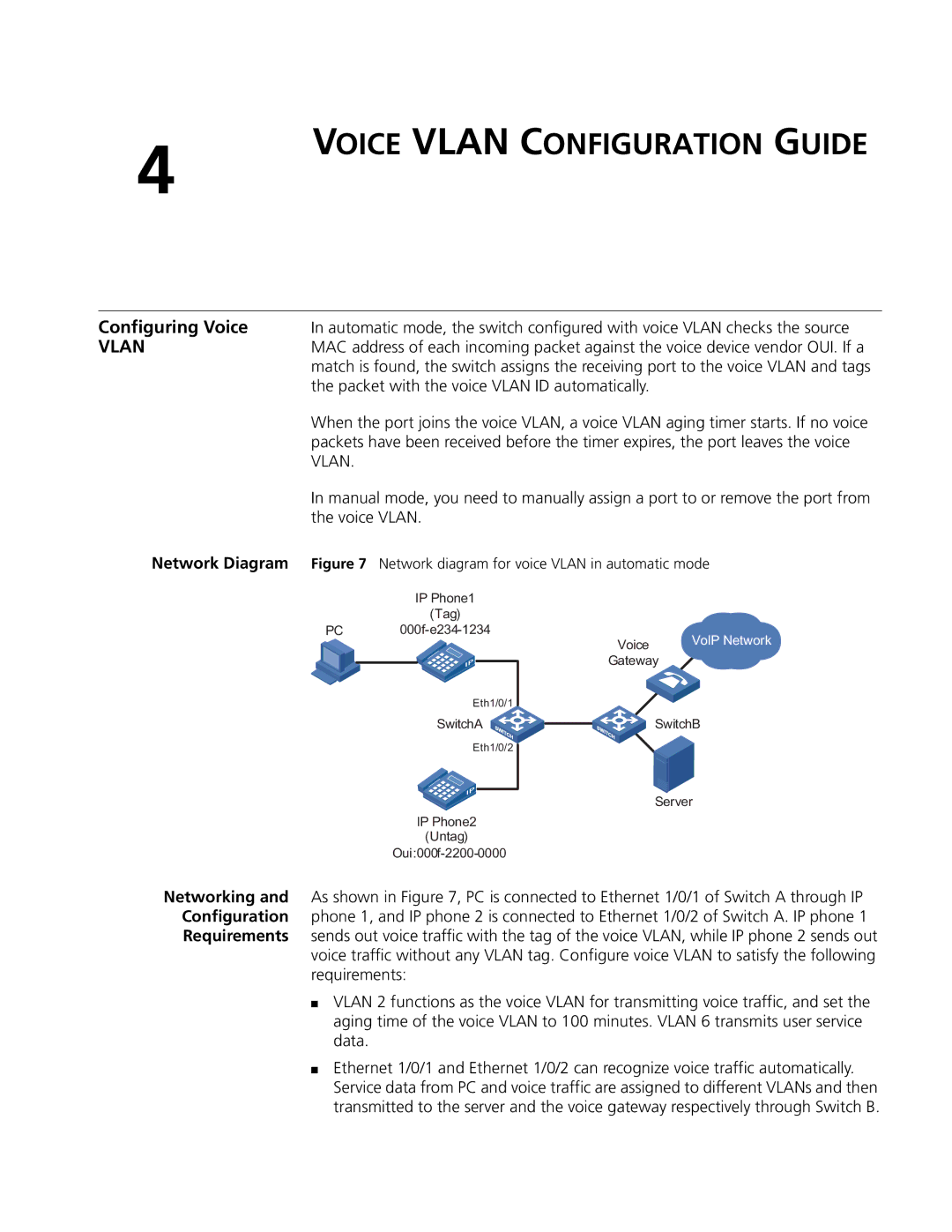 3Com 5500G, 4210, 4200G manual Voice Vlan Configuration Guide, Configuring Voice, Packet with the voice Vlan ID automatically 