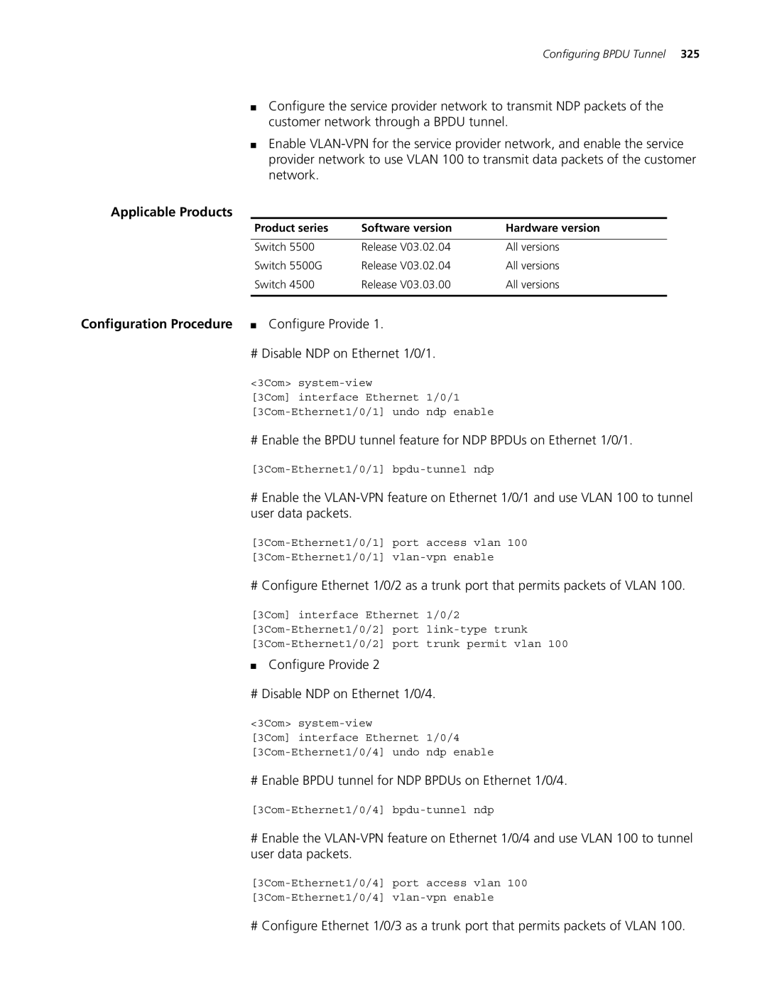 3Com 5500G, 4210, 4200G manual Configuration Procedure Configure Provide, # Disable NDP on Ethernet 1/0/1 