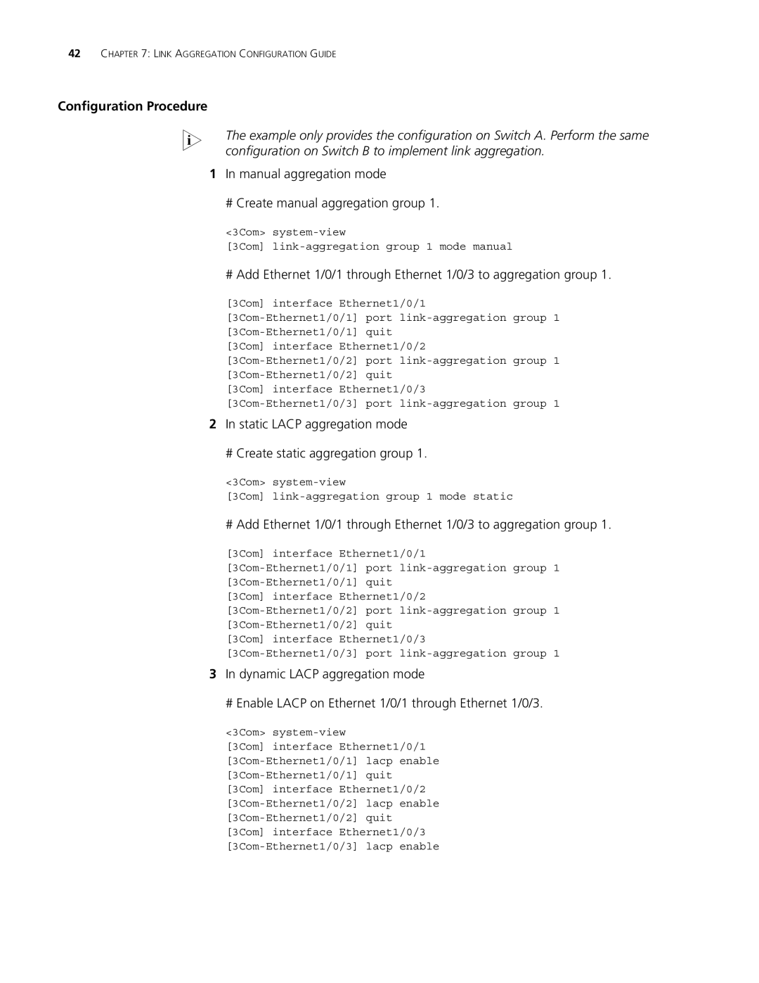 3Com 4210, 5500G, 4200G Configuration Procedure, Manual aggregation mode # Create manual aggregation group 