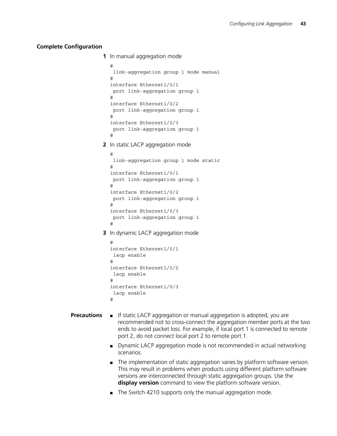 3Com 4200G Complete Configuration, Manual aggregation mode, Static Lacp aggregation mode, Dynamic Lacp aggregation mode 
