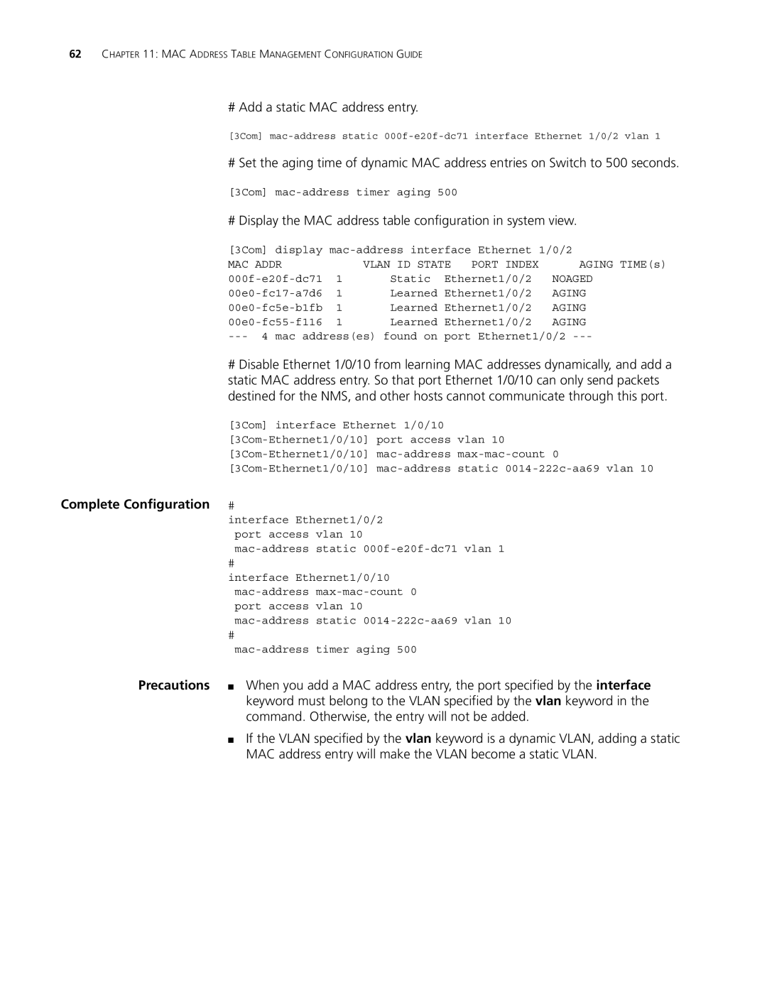 3Com 4210, 5500G, 4200G manual # Add a static MAC address entry, Command. Otherwise, the entry will not be added 