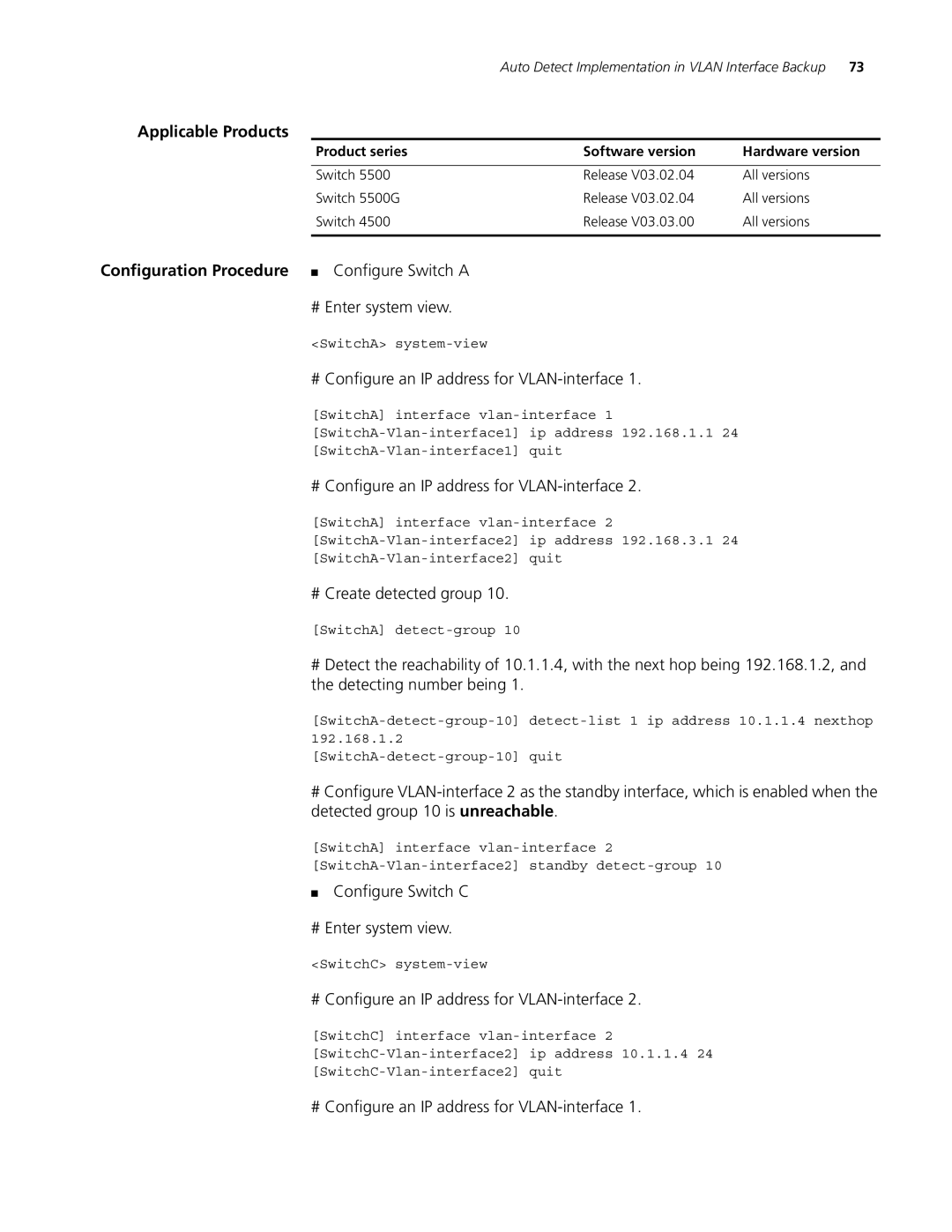 3Com 5500G, 4210, 4200G manual Auto Detect Implementation in Vlan Interface Backup 