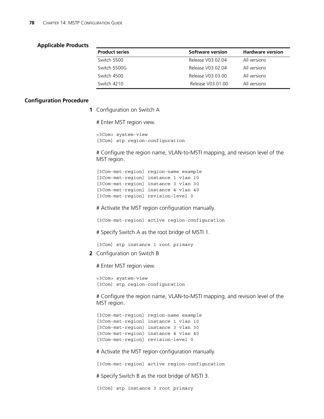 3Com 4210, 5500G Configuration on Switch a # Enter MST region view, # Activate the MST region configuration manually 