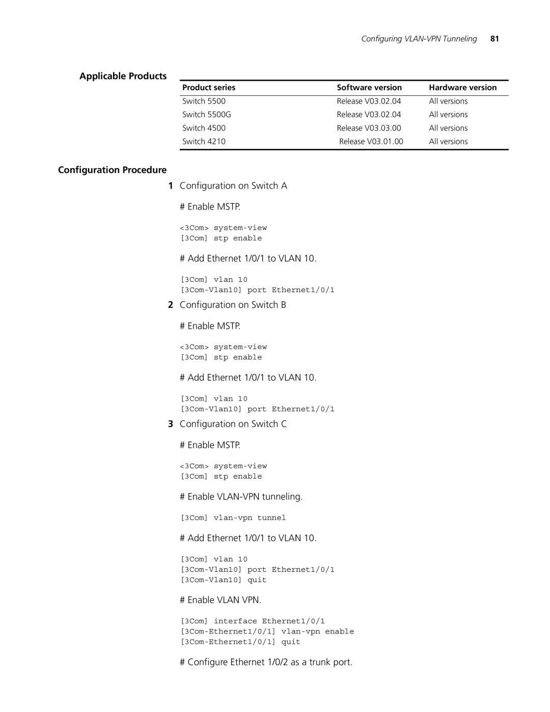 3Com 5500G Configuration on Switch a # Enable Mstp, # Add Ethernet 1/0/1 to Vlan, Configuration on Switch B # Enable Mstp 