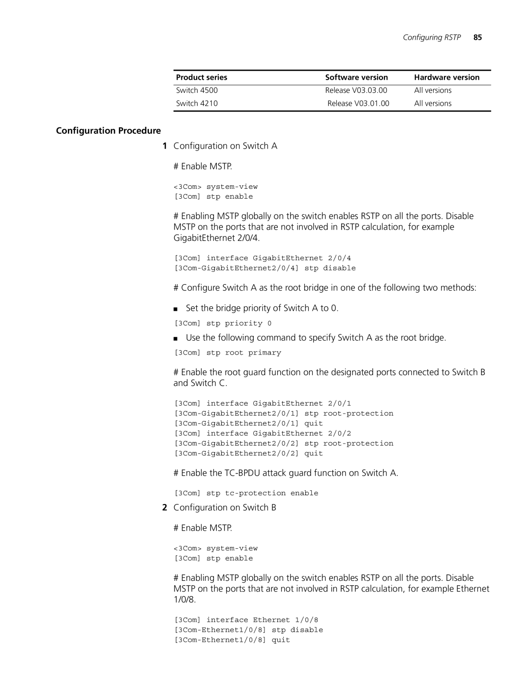 3Com 5500G, 4210, 4200G manual Configuration Procedure, # Enable the TC-BPDU attack guard function on Switch a 