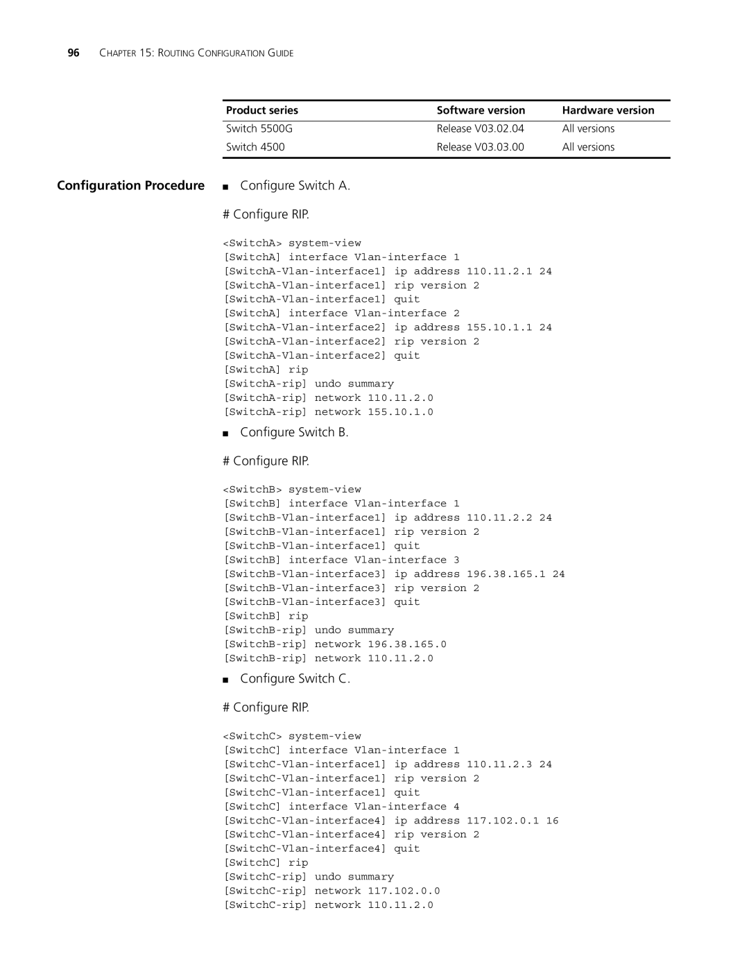 3Com 5500G, 4210, 4200G manual Configure Switch B # Configure RIP, Configure Switch C # Configure RIP 