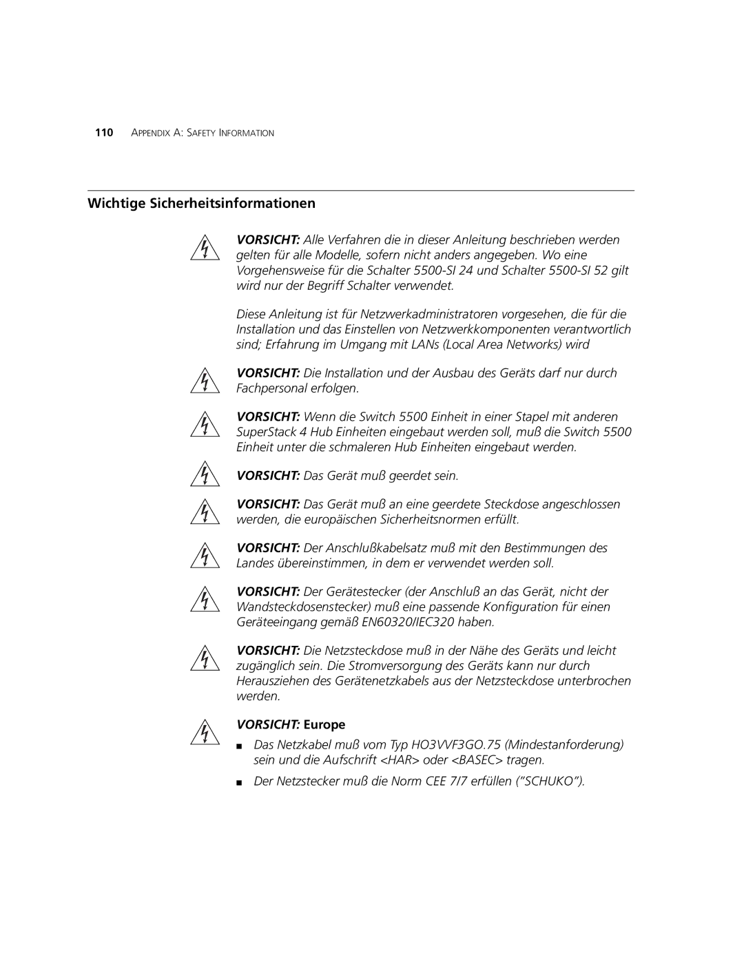 3Com 5500G-EI, 5500-EI manual Wichtige Sicherheitsinformationen, Vorsicht Europe 