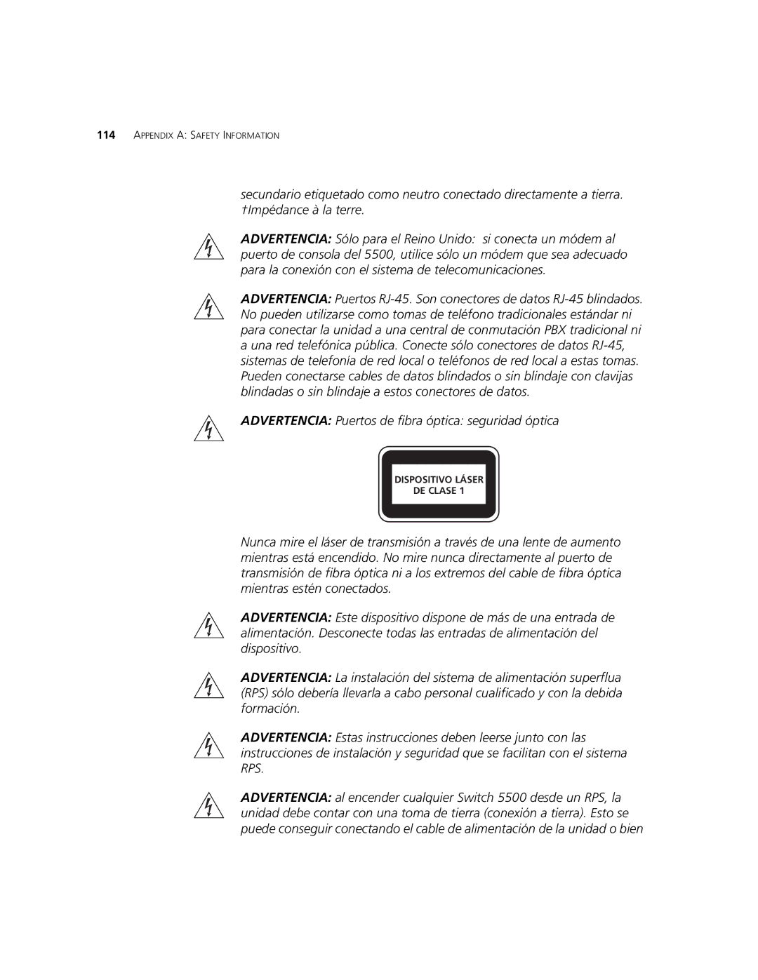 3Com 5500G-EI, 5500-EI manual Advertencia Puertos de fibra óptica seguridad óptica 